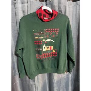 Vintage Christmas sweatshirt plaid/green size large petite made in USA